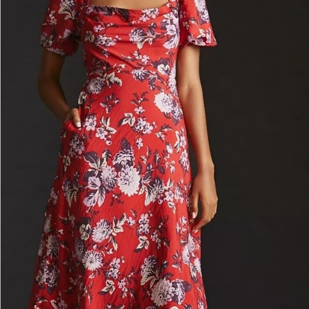 Anthropologie Red and Purple Floral Midi Dress